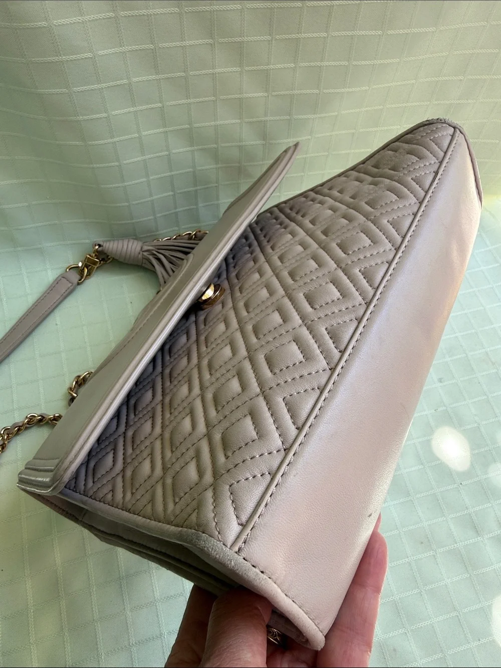 Tory Burch Taupe Leather Fleming Convertible Bag with Tassel and Gold Hardware
